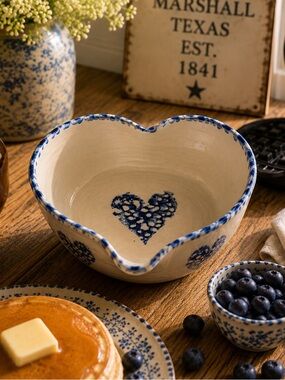 Vintage Marshall Pottery EJ Humphries Heart Spongeware Batter Bowl Texas Pottery